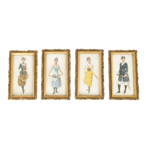 599 - A SET OF FOUR EARLY 20TH CENTURY PAINTINGS ON GLASS depicting a young lady in various costumes - mou... 