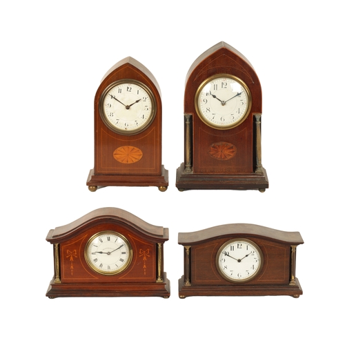969 - A COLLECTION OF FOUR EDWARDIAN INLAID MANTEL CLOCKS all in mahogany cases with French eight day spri... 