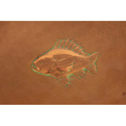 544 - AN ARTS AND CRAFTS COPPER NEWLYN SCHOOL WALL PLAQUE of dished form with planished design, embossed f... 