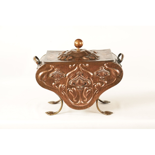 556 - AN ART NOUVEAU PLANISHED COPPER COAL BOX with lift-off lid and shaped body embossed with stylised fl... 