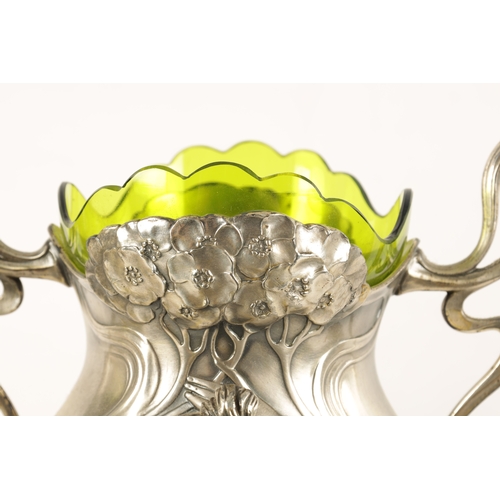 557 - A STYLISH LARGE PAIR OF ART NOUVEAU WMF PEWTER VASES WITH GREEN GLASS LINERS the petal shaped bases ... 