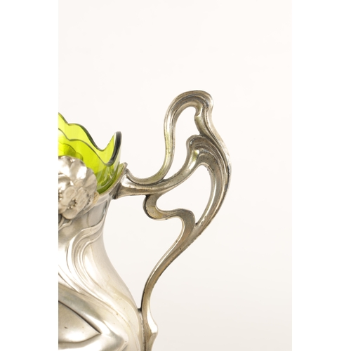 557 - A STYLISH LARGE PAIR OF ART NOUVEAU WMF PEWTER VASES WITH GREEN GLASS LINERS the petal shaped bases ... 