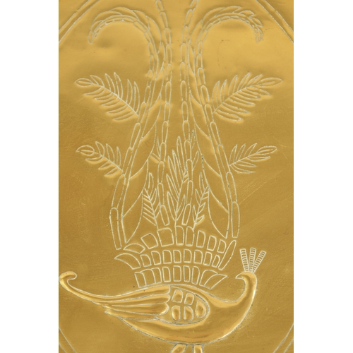 558 - AN STYLISH ARTS AND CRAFTS BRASS RECTANGULAR TRAY with shaped handles to the side and embossed flowe... 