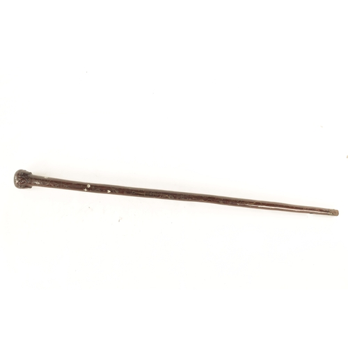 570 - A GOOD MID-19TH CENTURY FOLK ART MARRIAGE WALKING STICK inlaid with brass stud work and mother-of-pe... 