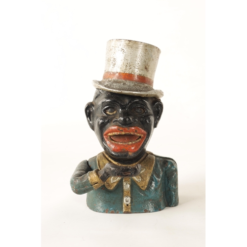 582 - A LATE 19TH CENTURY PAINTED CAST IRON 'JOLLY' MECHANICAL MONEY BANK depicted wearing a silvered top ... 