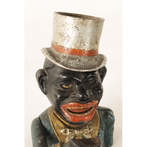582 - A LATE 19TH CENTURY PAINTED CAST IRON 'JOLLY' MECHANICAL MONEY BANK depicted wearing a silvered top ... 