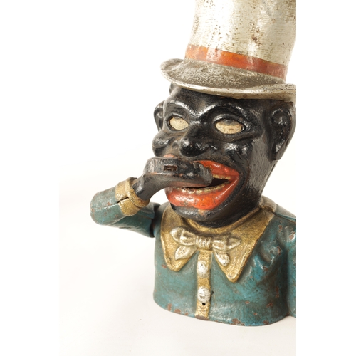 582 - A LATE 19TH CENTURY PAINTED CAST IRON 'JOLLY' MECHANICAL MONEY BANK depicted wearing a silvered top ... 