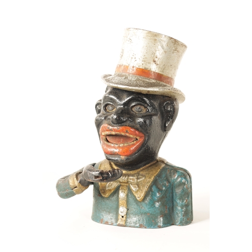 582 - A LATE 19TH CENTURY PAINTED CAST IRON 'JOLLY' MECHANICAL MONEY BANK depicted wearing a silvered top ... 