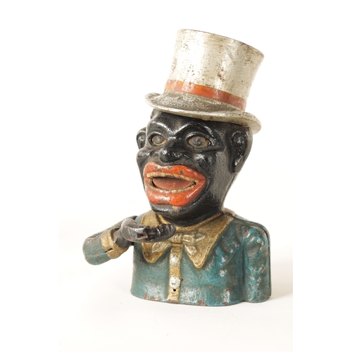 582 - A LATE 19TH CENTURY PAINTED CAST IRON 'JOLLY' MECHANICAL MONEY BANK depicted wearing a silvered top ... 