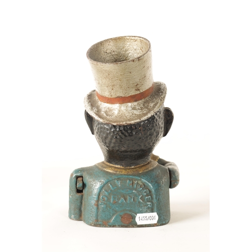 582 - A LATE 19TH CENTURY PAINTED CAST IRON 'JOLLY' MECHANICAL MONEY BANK depicted wearing a silvered top ... 
