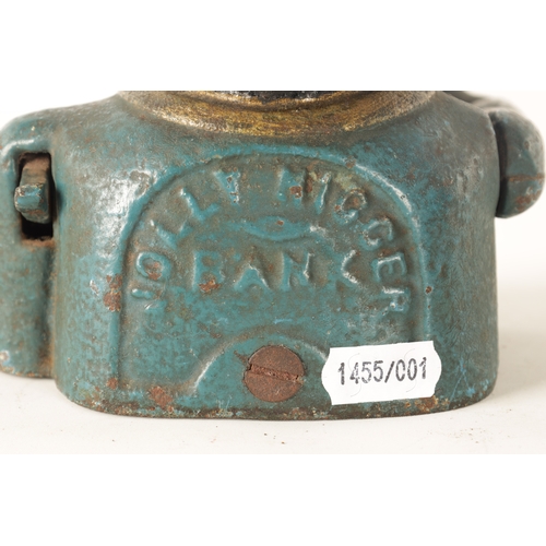 582 - A LATE 19TH CENTURY PAINTED CAST IRON 'JOLLY' MECHANICAL MONEY BANK depicted wearing a silvered top ... 