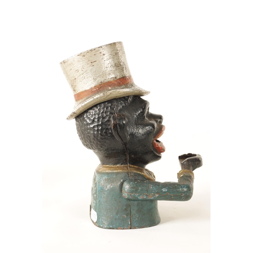 582 - A LATE 19TH CENTURY PAINTED CAST IRON 'JOLLY' MECHANICAL MONEY BANK depicted wearing a silvered top ... 