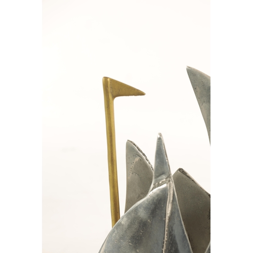 588 - A STYLISH BRONZE AND STEEL MARITIME SCULPTURE, possibly a racing trophy, modelled as sailing boats w... 
