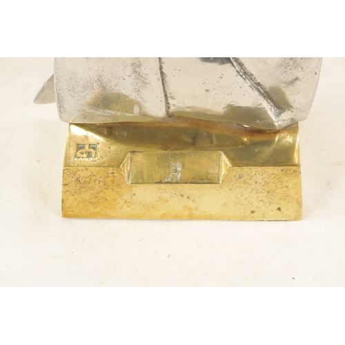 588 - A STYLISH BRONZE AND STEEL MARITIME SCULPTURE, possibly a racing trophy, modelled as sailing boats w... 