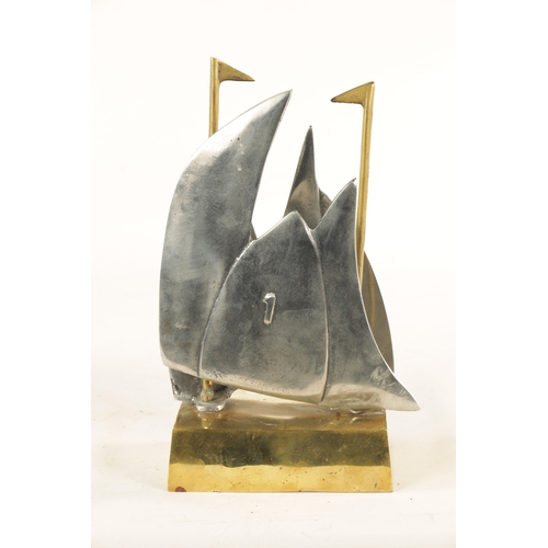 588 - A STYLISH BRONZE AND STEEL MARITIME SCULPTURE, possibly a racing trophy, modelled as sailing boats w... 