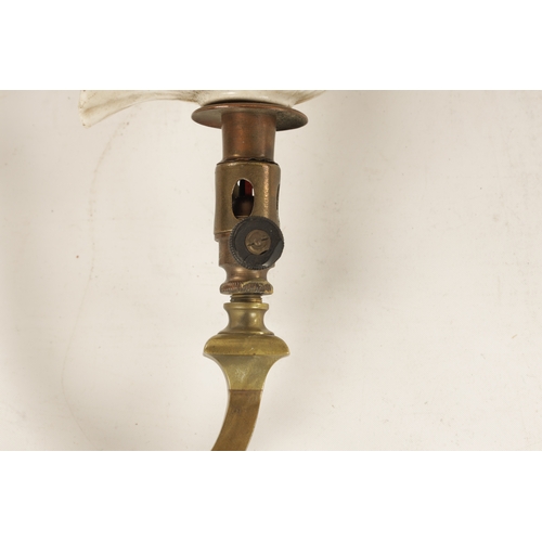 589 - A PAIR OF ELECTRIFIED BRASS WALL LIGHTS with scrolled arms and cut glass pendant shades on brass fit... 