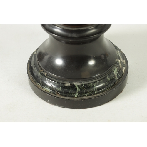 593 - A 19TH CENTURY BRONZE LIDDED TAZZA with figural finial and stylised floral decoration, raised on a g... 