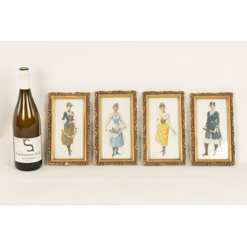 599 - A SET OF FOUR EARLY 20TH CENTURY PAINTINGS ON GLASS depicting a young lady in various costumes - mou... 