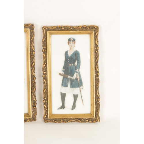 599 - A SET OF FOUR EARLY 20TH CENTURY PAINTINGS ON GLASS depicting a young lady in various costumes - mou... 