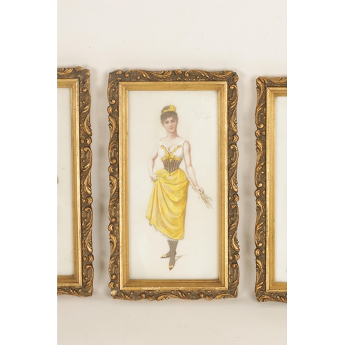 599 - A SET OF FOUR EARLY 20TH CENTURY PAINTINGS ON GLASS depicting a young lady in various costumes - mou... 