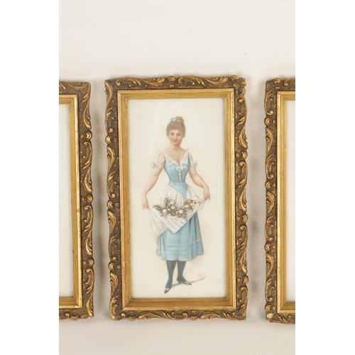599 - A SET OF FOUR EARLY 20TH CENTURY PAINTINGS ON GLASS depicting a young lady in various costumes - mou... 