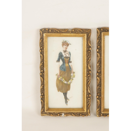 599 - A SET OF FOUR EARLY 20TH CENTURY PAINTINGS ON GLASS depicting a young lady in various costumes - mou... 