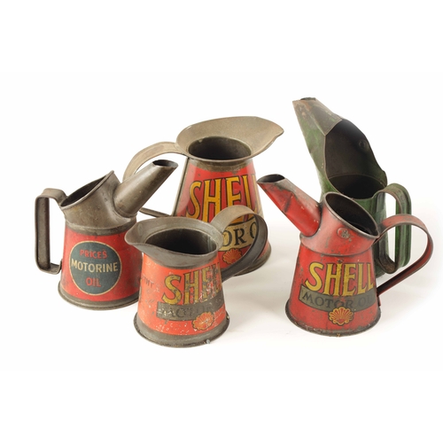 13 - A COLLECTION OF FIVE VINTAGE MOTOR OIL CANS comprising of three Shell oil, a Prices motor oil and a ... 