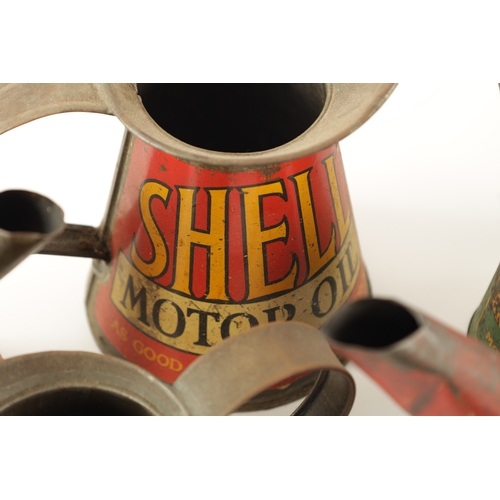 13 - A COLLECTION OF FIVE VINTAGE MOTOR OIL CANS comprising of three Shell oil, a Prices motor oil and a ... 