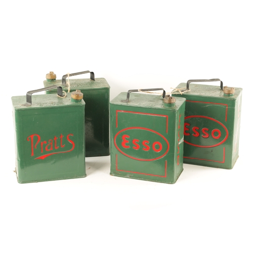 15 - A COLLECTION OF FOUR VINTAGE PETROL CANS two by 'PRATTS' and two by 'ESSO'. (25cm by 28cm by 15cm )