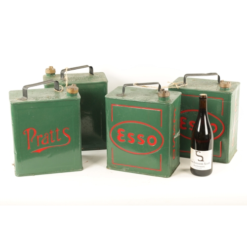 15 - A COLLECTION OF FOUR VINTAGE PETROL CANS two by 'PRATTS' and two by 'ESSO'. (25cm by 28cm by 15cm )