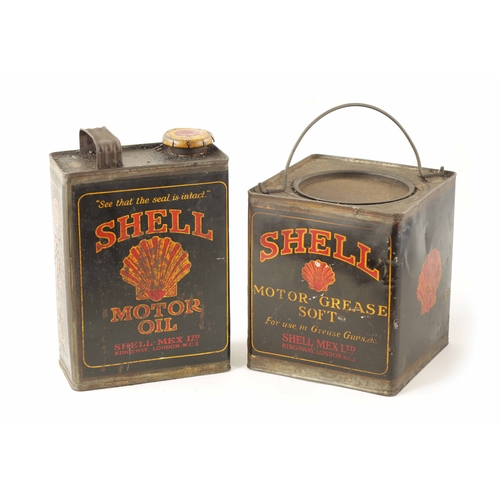 17 - AN EARLY SHELL MOTOR GREASE CAN AND MOTOR OIL CAN with some of the original contents (17.5cm high)