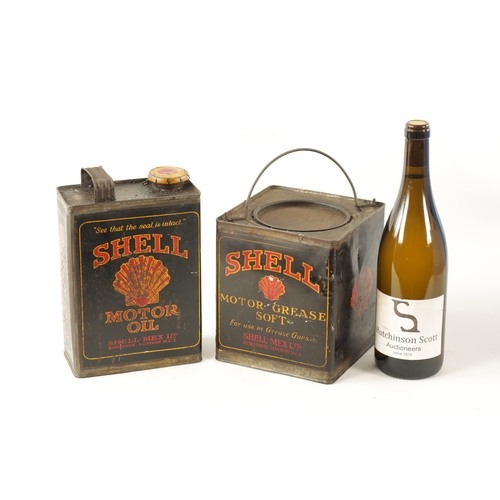 17 - AN EARLY SHELL MOTOR GREASE CAN AND MOTOR OIL CAN with some of the original contents (17.5cm high)