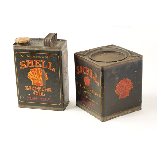 17 - AN EARLY SHELL MOTOR GREASE CAN AND MOTOR OIL CAN with some of the original contents (17.5cm high)