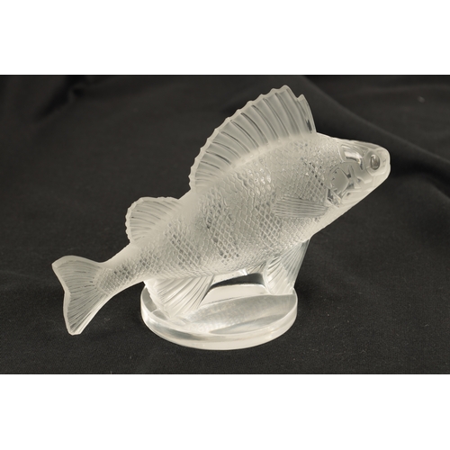 2 - A RENE LALIQUE 'PERCHE' CLEAR GLASS AND FROSTED CAR MASCOT mounted on a circular base moulded signat... 