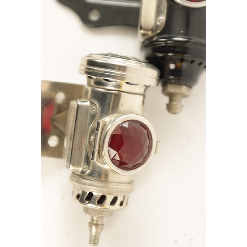 29 - A JOSEPH LUCAS CHROMED CYCLE REAR LIGHT NO.344 AND ANOTHER BLACK AND CHROME EXAMPLE both with red fa... 