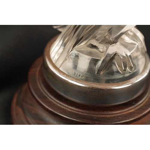 4 - A RENE LALIQUE 'FAUCON' CLEAR AND FROSTED GLASS CAR MASCOT mounted with a chrome circular collar on ... 