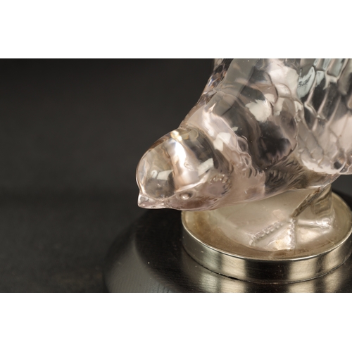 5 - A RENE LALIQUE 'HIRONDELLES' TINTED CLEAR GLASS CAR MASCOT mounted with a chrome collar on a chamfer... 