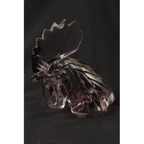 6 - A RENE LALIQUE 'TETE DE COQ' AMETHYST TINTED CLEAR GLASS CAR MASCOT embossed 'LALIQUE FRANCE' (17.5 ... 