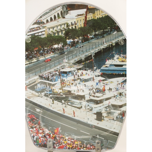 79 - A FERRARI-THEMED TOILET SEAT with Monaco backdrop containing 4 model Ferraris - bearing plaques 'ELI... 