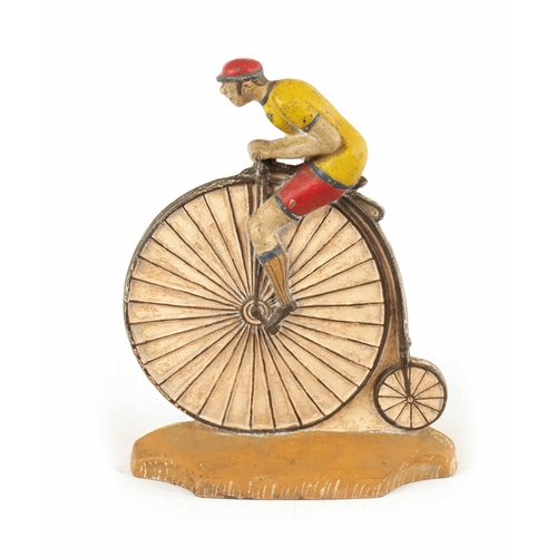 81 - A RARE 19TH CENTURY CAST IRON PAINTED DOORSTOP FORMED AS A CYCLIST MOUNTED ON A PENNY FARTHING decor... 