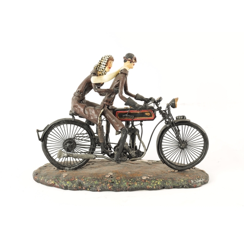 82 - A MODEL SCULPTURE OF A CLASSIC MOTORBIKE with rider and passenger (30cm wide 28cm high 15cm deep)