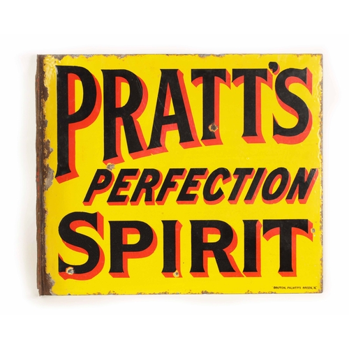 88 - A VINTAGE DOUBLE SIDED ENAMEL PRATT’S SIGN with yellow ground and black text (54cm wide, 46cm high)