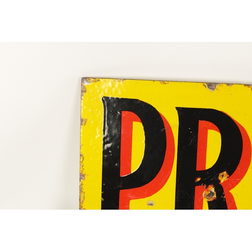 88 - A VINTAGE DOUBLE SIDED ENAMEL PRATT’S SIGN with yellow ground and black text (54cm wide, 46cm high)