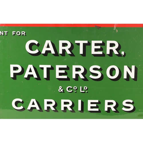 91 - A VINTAGE CARTER PATTERSON & CO. LD. CARRIERS RECTANGULAR ENAMEL SIGN with a green ground and red bo... 