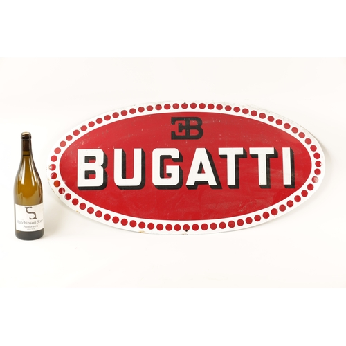 92 - AN OVAL ENAMEL BUGATTI GARAGE SIGN with raised text and border (40cm high, 80cm wide)