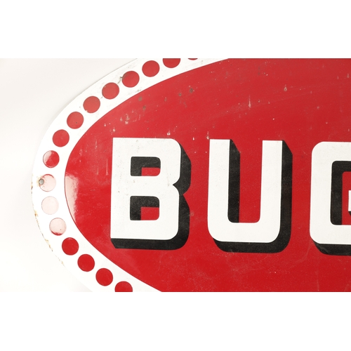 92 - AN OVAL ENAMEL BUGATTI GARAGE SIGN with raised text and border (40cm high, 80cm wide)