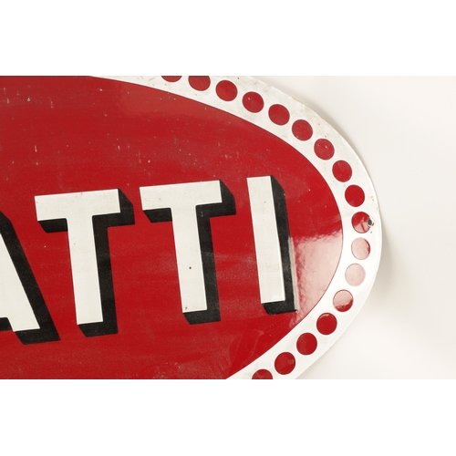 92 - AN OVAL ENAMEL BUGATTI GARAGE SIGN with raised text and border (40cm high, 80cm wide)