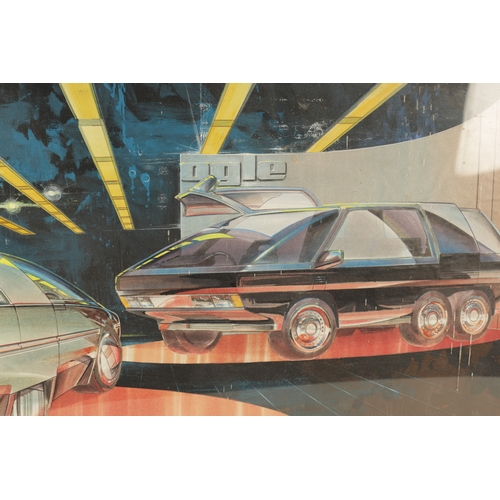 94 - AN ORIGINAL OGLE DESIGN MIXED MEDIA ARTWORK BY TOM KAREN the car sketches applied on an oil-painted ... 