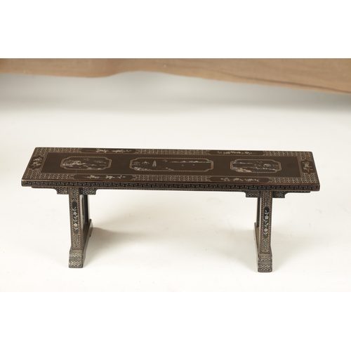 101 - A 19TH CENTURY CHINESE MICRO-ABALONE INLAID BLACK LACQUERWORK MINIATURE ALTAR TABLE with pagoda and ... 