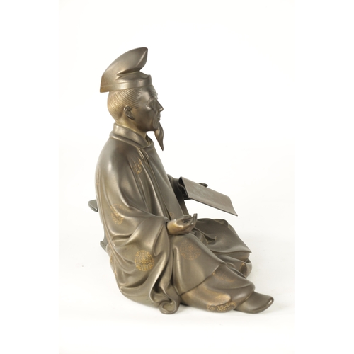 106 - A FINE JAPANESE MEIJI PERIOD BRONZE SCULPTURE depicting a seated scholar; having gold inlaid decorat... 